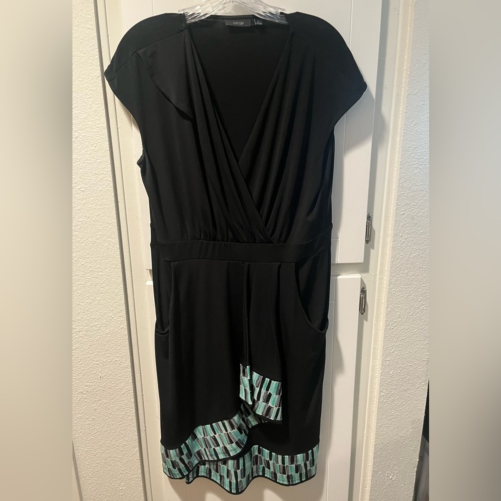 Apt 9 Faux Wrap Dress with Pockets. Trim is black, gray, teal, and white.